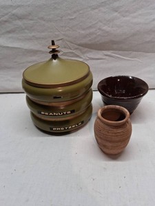 Vintage Metal Snack Server Carousel with Peanuts and Pretzels Labels, Brown Ceramic Bowl, and Small Earthenware Vase