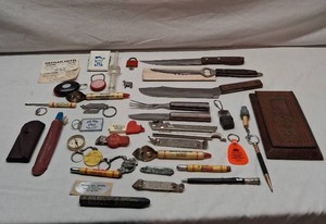 Assorted Vintage Collectibles, Advertising and Tools including Knives, Bottle Openers, and Keychains