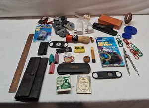 Mixed Vintage and Household Items Including Bostitch Tacker, Maxell Disc Repair Kit, and Compass Set