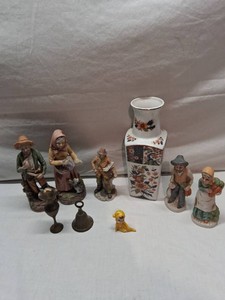 Porcelain Figurines, Floral Vase, Brass Items, and Yellow Japanese Figurine
