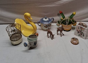 Lot of Home Decor and Collectible Items including Relco Yellow Ceramic Swan, Vintage Sugar Bowl, and Deer Figurines