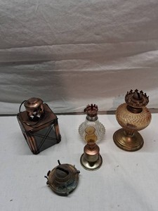 Vintage Oil Lamp Collection including Brass Base Lamp and Copper Lantern with Glass Panels