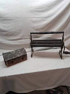 Vintage Cast Iron Crank Handle Newspaper Roller and Log Cabin Bank