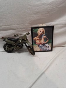 Framed Budweiser Poster and Military Toy Motorcycle