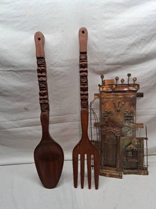 Wooden Fork and Spoon Set with Metal Wall Art Sculpture