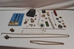 Assorted Jewelry and Accessories including Bowles Leather Watch Straps, Brooches, Necklaces, and Pocket Watch Chains