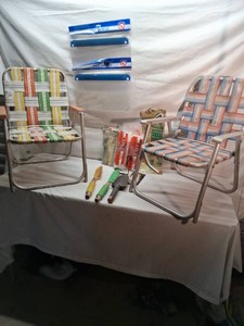 Two Aluminum Folding Kids Lawn Chairs with Gardening Tools and Accessories