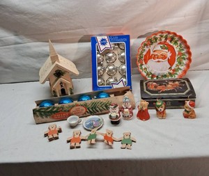 Vintage Christmas Decorations Including Shiny Brite Ornaments, Santa Plate, and Musical House