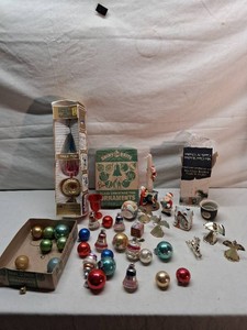 Vintage Shiny Brite and Hand-Painted Christmas Ornaments and Decor Set including Bavarian Tree Topper and Santa Figurines