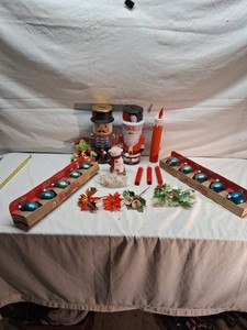 Assortment of Holiday Decorations including Tin Banks and Christmas Ornaments