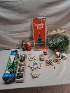 Vintage Christmas Decorations including Beistle Tissue Centerpiece, Holly Garland, Hand Painted Figurines