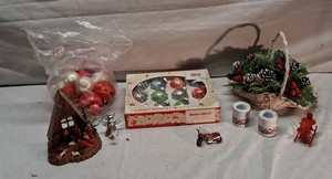 Lot of Holiday Decorations including Shiny Brite Ornaments, Nativity Scene, and Candle Holders