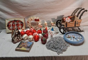Vintage Christmas Ornaments and Decorations including Wooden Sleigh, Figurines, and 12-Piece Glass Ornament Set
