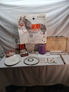 Variety of Vintage Household Items including Pin the Tail on the Donkey Game, Sewing Supplies, and Decorative Plates