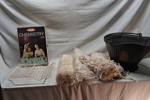 Lot of Mixed Items Including Chemlab Science Kit Case Only, Vintage Metal Bucket with Floral Design, and Mop Heads