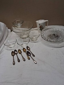 Lot of Vintage Glassware and Silver Plated Spoons