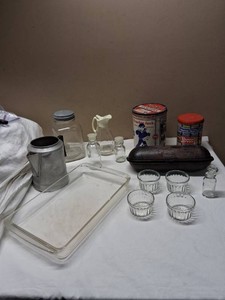 Vintage items including Kerr Glass Bowls, Vintage Cracker Jack and Necco Tins, Ideal Bread Mold