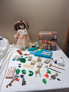 Heirloom Treasures Doll, Kaleid-A-Sketch, Vintage Iron, and Assorted Toys