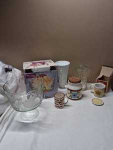 Indiana Glass Company Trifle Bowl, FTD Vase, Sacav�m Cookie Jar, and Assorted Mugs
