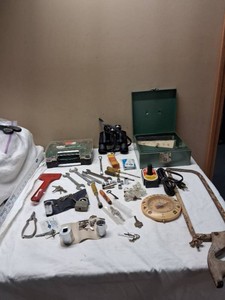Various Hand Tools and Equipment Lot Including Vintage Binoculars, Sockets, Wrenches, and Thermometer