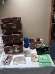 Vintage Singer Buttonholer, Model 1700 Instruction Book, and Leather Belts Lot, Small Cabinet