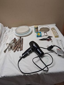 Lot of Household Items Including Hair Dryer, Kitchenware, and Mirrors with Accessories