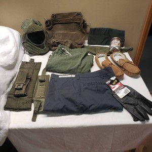 Cold Weather Clothing and Accessories Including Gloves, Pants, Helmet Liner, and Moccasin Slippers