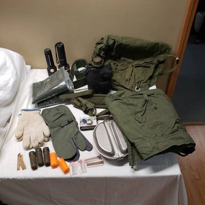 Military Gear Set including M-65 Parka, Compass, and Camping Equipment