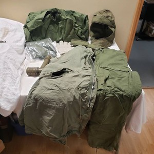 Military Cold Weather Gear and Accessories including Parka, Chemical Protective Suit, and Fulton MX-991U Flashlight - Sizes Reg Small, Small