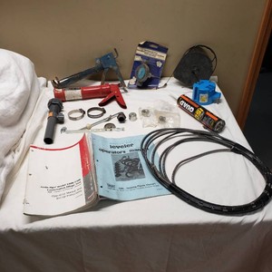 Tools and Equipment Lot Including Self-Priming Drill Pump and Sink Supplies, Caulk