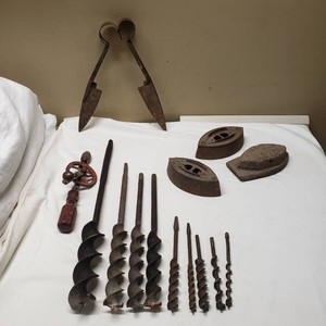 Vintage Hand Tools Collection including Drill Bit Set, Shears, and Irons