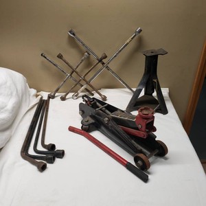 Automotive Jack and Tools Set including Floor Jack, Jack Stand, and Lug Wrenches