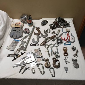 Various Tools, Accessories, and Hardware Items such as hooks, chains, and hinges, along with work gloves