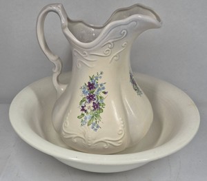 Vintage Ceramic Wash Basin and Pitcher Set with Purple Floral Pattern