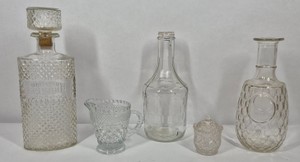 Vintage Glass Decanters & Pressed Glass Tableware  Mogen David Bottle, Creamer & Covered Sugar