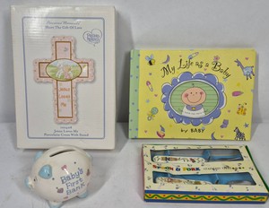 Baby Keepsake Collection  Precious Moments 102408 Cross, Baby Record Book, Ceramic Bank & Bunny SpoonFork Set