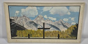 1963 Signed Mountain Landscape Painting with Cross  Framed Canvas Board