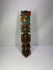 Hand-Carved Painted Wood Mesoamerican-Style Figure with Serpent Headdress