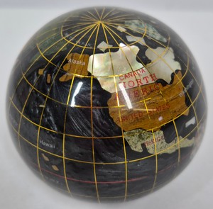 Decorative Gemstone Inlay World Globe Paperweight with Gold Grid
