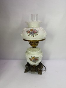 Vintage Milk Glass Floral Hurricane Table Lamp with Chimney & Ornate Metal Base