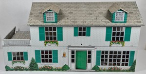 Vintage Marx Tin Lithograph Two-Story Colonial Dollhouse with Patio
