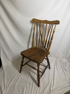 Antique Primitive Wooden Spindle-Back Side Chair  Turned Legs & Plank Seat