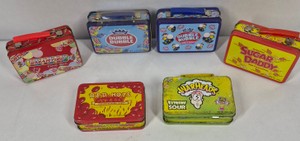 Assorted Candy Brand Metal Lunch Box Tins  Smarties, Dubble Bubble, Sugar Daddy, Red Hots & Warheads