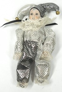 Porcelain-Face Harlequin Jester Doll Silver & Black Costume with Bells