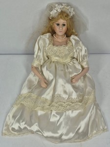13 Porcelain Bride Doll in Ivory Satin Wedding Gown with Veil & Stand