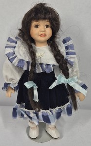 12 Porcelain Girl Doll with Brunette Braids Blue & White Dress and Stand