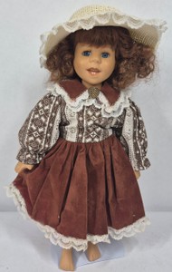 Porcelain Girl Doll with Curly Auburn Hair Brown Dress Lace Bonnet & Stand
