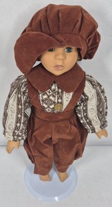 Porcelain Boy Doll in Brown Velvet Knickerbocker Outfit with Cap & Display Stand
