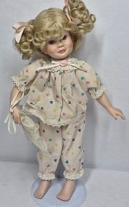 Blonde Porcelain Doll in Heart-Print Pajamas with Lace Trim & Display Stand