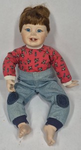 Brown-Haired Blue-Eyed Boy Doll in Red Moo Shirt & Denim-Style Pants